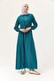 Green Cotton Wrinkled Fabric Shirt Collar Waist Tunnel Zipper Detailed Long Sleeve Dress