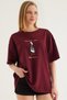 Burgundy Cotton Crew Neck Drop Shoulder Oversize Marine Look Printed Short Sleeve T-Shirt