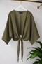 Khaki Muslin Fabric V-Neck Off-Shoulder Wide Sleeve Tie-Detail Bolero Form Blouse