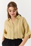 Oil Green Stretchy Textured Shirt with Collar, Loose Fit, Gathered Waist, Buttoned Crop Shirt - 2