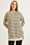 Black Stretchy Knitted Fabric Crew Neck Long Sleeve Relaxed Fit Horizontal Striped Patterned Tunic - 4