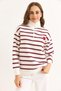 Burgundy Three-Thread Stand-Up Collar Oversize Zippered Striped Heart Embroidery Detailed Sweatshirt