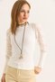 Ecru Cotton Blend Crew Neck Design with Tulle Detail on the Sleeves Slim Fit Knitted Blouse - 2