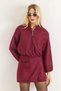 Burgundy Woven Fabric Long Sleeve Relaxed Fit Front Zipper Bomber Jacket with Side Pockets - 2