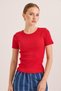 Red Cotton Knitted Camisole Fabric Crew Neck Short Sleeve Stretchy Textured Ribbed Blouse - 2