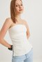 White Stretchy Textured Strapless Collar Knitted Blouse with Gathered Sides and Slit Detail - 2