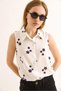 White Linen Fabric Zero Sleeve Shirt Collared Buttoned Floral Patterned Classic Form Shirt - 3
