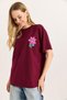 Burgundy Two Yarn Fabric Crew Neck Short Sleeve Basic Form Chest Printed T-Shirt - 2