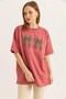 Dusty Rose Cotton Crew Neck Drop Shoulder Oversize T-Shirt with Leopard Ribbon Print Detail - 2