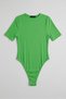Green Ribbed Flexible Textured Crew Neck Short Sleeve Comfortable Fit Bodysuit with Snap Buttons at the Bottom - 2