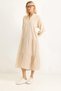 Beige Muslin Textured V-Neck Long Sleeve Relaxed Fit Dress with Half Buttons on the Front and Layered Detail - 4