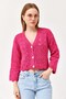 Fuchsia Acrylic Knitted Balloon Sleeve Crop Form Button Detailed Knitted Patterned Knitwear Cardigan