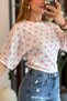 Pink Lycra Stretch Fabric Crew Neck Short Sleeve Polka Dot Patterned Knitted Blouse - 4