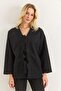 Black Cashmere Fabric V-Neck Off-Shoulder Relaxed Fit Jacket with Front Tie Detail - 4