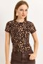 Brown Ribbed Knitted Fabric Crew Neck Short Sleeve Zebra Patterned Stretchy Textured Blouse