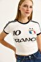 White Cotton Blend Crew Neck Short Sleeve Crop Form Front Printed T-Shirt - 3