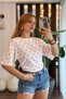 Pink Lycra Stretch Fabric Crew Neck Short Sleeve Polka Dot Patterned Knitted Blouse