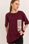 Burgundy Soft Textured Crew Neck Fit Cut Straw Knit Pocket Short Sleeve Cotton T-Shirt - 2