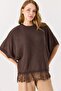 Brown Polyester Fabric Crew Neck Bat Sleeve Lace Detailed Comfortable Fit Blouse - 3