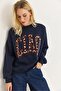 Navy Blue Cotton Blend Crew Neck Drop Shoulder Leopard Print Three Yarn Sweatshirt - 3