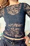 Black Transparent Crew Neck Long Sleeve Guipure Detailed Slim Fit Stretchy Tulle Blouse - 2
