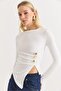 White Ribbed Stretchy Textured Crew Neck Long Sleeve Blouse with Buckles and Slits on the Sides - 3