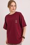 Burgundy Cotton Crew Neck Oversize Drop Shoulder Two Thread Mom Embroidery Detailed T-Shirt - 4