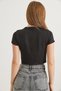 Black Cotton Stretchy Textured Crew Neck Short Sleeve Slim Fit Crop Blouse - 4