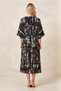 Black Cotton Double-Breasted Collar, Gathered Waist, Front Slit, Patterned Midi Dress - 2