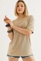 Cream Cotton Blend Fabric Crew Neck Short Sleeve Basic Relaxed Fit Knitted T-Shirt - 3