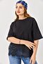 Black Stretchy Textured Crew Neck Short Sleeve T-Shirt with Double Form Hem and Lace Detail - 4