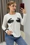 White Stretchy Textured Crew Neck Long Sleeve Comfortable Fit Knitted T-Shirt with Guipure Detail