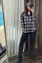 Navy Blue Soft Textured Stretch Fabric Off-Shoulder Oversized Double Pocket Plaid Shirt