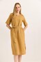 Mustard Woven Linen Dress with Crew Neck, Side Slits, Pockets and Belt Detail, Relaxed Fit - 2