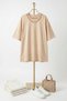 Beige Knitted Fabric Crew Neck Relaxed Fit Short Sleeve T-Shirt with Gold Chain Accessory Detail