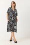 Black Patterned Woven Fabric V-Neck Relaxed Fit Short Sleeve Side Pocket Midi Dress