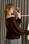 Brown Soft Textured Knitwear Wide Collar Bat Sleeve Relaxed Cut Knitted Sweater - 2
