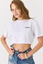 White Stretchy Textured Crew Neck Short Sleeve Relaxed Fit Chest Printed Crop Blouse - 3