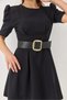 Black Stretchy Crepe Fabric Balloon Sleeve Modern Cut Comfortable Casual Dress with Belt Accessory - 4