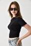 Black Combed Cotton Fabric Crew Neck Short Sleeve Side Gathered Slim Fit Crop Blouse - 3