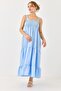 Blue Stretchy Textured Square Collar Wide Cut Gipeli Strap Layered Detailed Woven Dress - 2