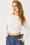 White Stretchy Fabric Crew Neck Long Sleeve Knitted Blouse with Gathered Tie Detail on the Sides - 3
