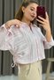 Pink Striped Patterned Long Sleeve Shirt with Collar, Cropped Fit, Side Gathered Detail, Buttoned Shirt - 2