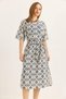 Gray Woven Linen Fabric Belt Detailed Pocketed Modern Cut Dress with Slits on the Sides - 2
