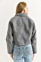 Gray Cashmere Fabric Shirt Collar Cropped Cut Button Closure Functional Jacket with Side Pockets - 5