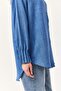 Blue Linen Fabric High Collar Off-Shoulder Buttoned Sleeve Ribbed Detailed Shirt Tunic - 3