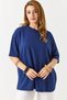 Navy Blue Crew Neck Oversize Drop Shoulder Short Sleeve Stone Detailed Wide Cut T-Shirt - 2