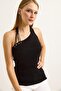 Black Knitwear Neckline Detailed One-Shoulder Strap Ribbed Textured Slim Fit Knitted Blouse