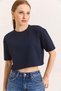 Navy Blue Two-Strand Fabric Crew Neck Short Sleeve Cool Crop Cut Comfortable Fit T-Shirt - 3