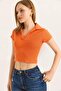 Orange Camisole Knitted Fabric Polo Collar Short Sleeve Basic Slim Fit Crop Blouse - 2